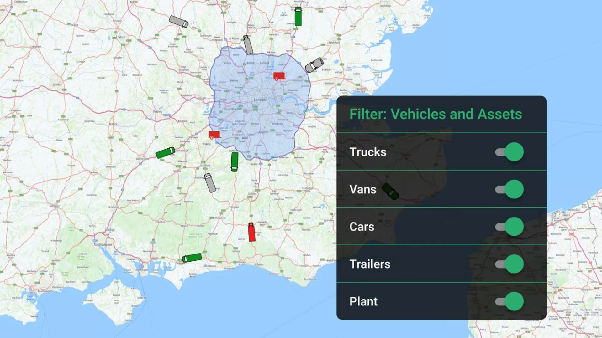 Map of south east england with telematics data